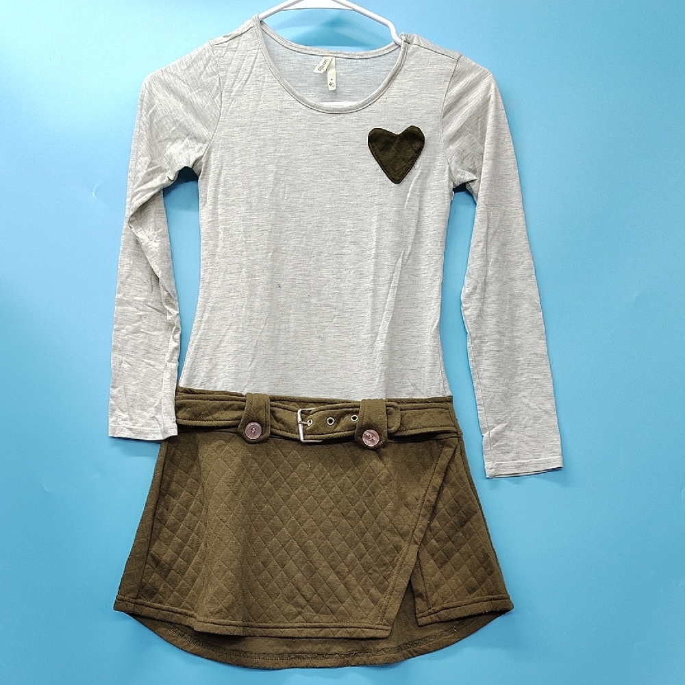 Charming Gray and Green Kids Dress with Heart Detail